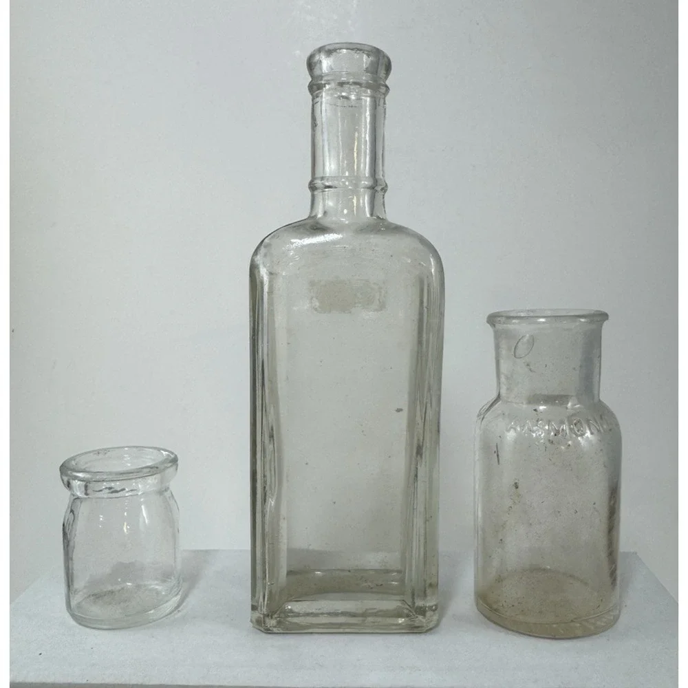 Lot of 3 Vintage Glass Apothecary Bottles Clear Ammonol Embossed Decorative Set